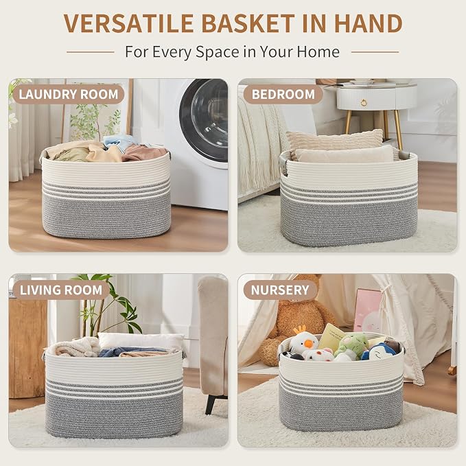 Laundry Hamper with Handles, 72L Rope Laundry Basket, Grey | Cotton rope clothes hamper with leather handles holds blankets, pillows, toys and laundry in nursery, bedroom or living room