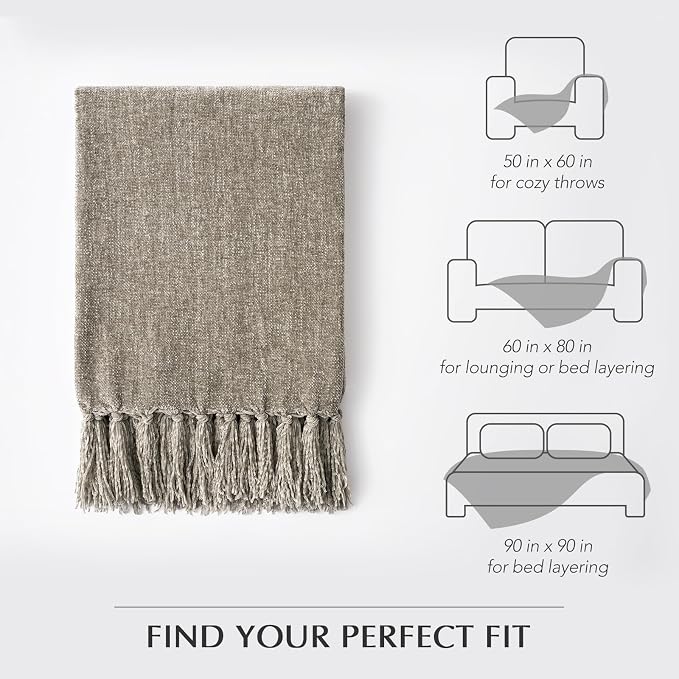 Chenille Knit Queen Blanket for Bed, 90"x90", Taupe | Super Soft Knit Throw with Tassels, Cozy, Decorative Farmhouse Plaid, Lightweight Blanket Queen Size for Couch Sofa Gift