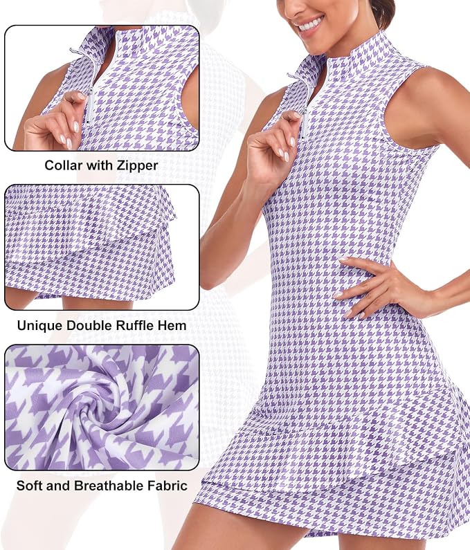 Viracy Tennis Dress for Women Sleeveless Golf Dresses with Shorts and Pockets Ruffle Zip Up Stand Collar Golf Outfits