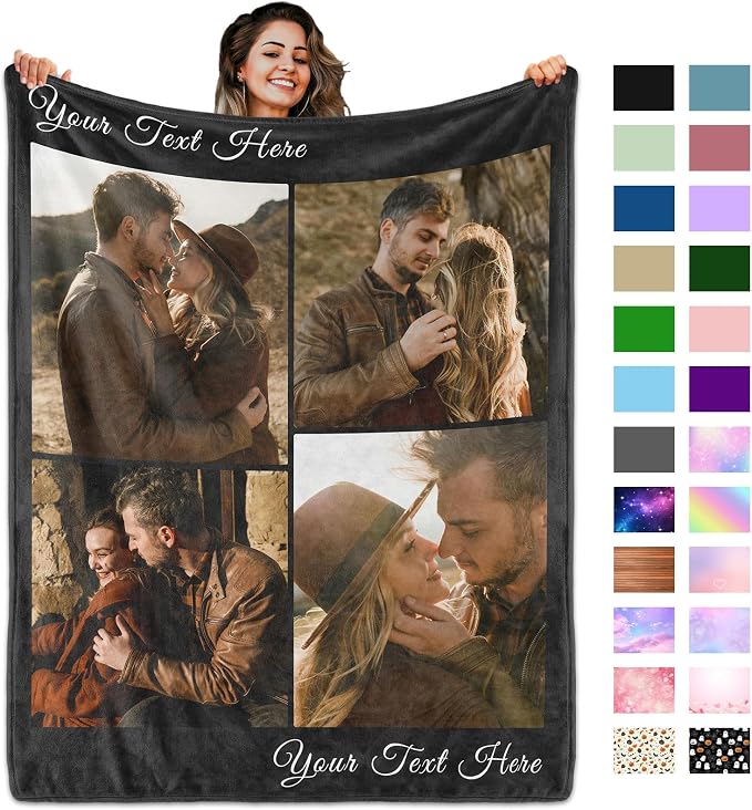 Custom Blanket with Picture Text, Personalized 4 Photo Blanket, HD Printing Customized Flannel Throw Blanket Gifts for Mom Dad Couple Girlfriend Boyfriend Wife Husband Christmas