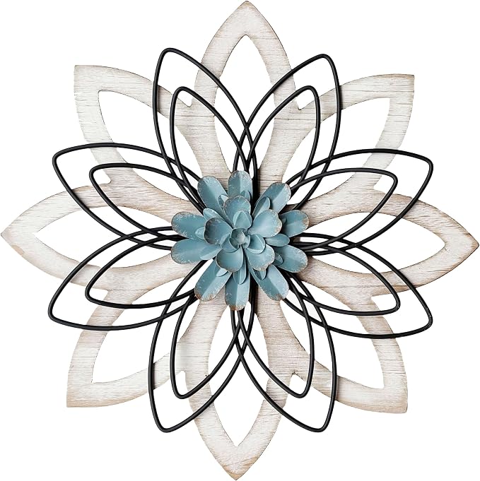 Remenna Metal Flowers Wall Decor, Metal Rustic Wall Art Decoration Farmhouse Wall Decorations Multiple Floral Hanging Decor for Bathroom Living Room Home Office Garden Kitchen (white & blue)