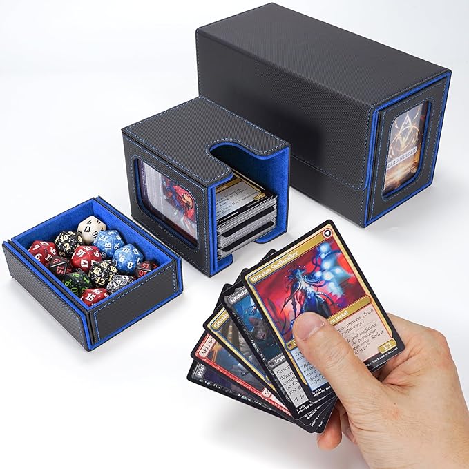 AFIING MTG Commander Card Storage Box - Fits 200 Double Sleeved Cards,3-in-1Card Deck Case,Strong Magnet Card Organizer For Magic Commander TCG CCG,4Dividers &2 Toploaders, Black/Blue