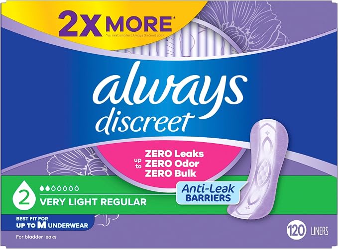Always Discreet Incontinence Panty Liners for Bladder Leaks, Size 2, Very Light Absorbency, 120 Count (Pack of 2)