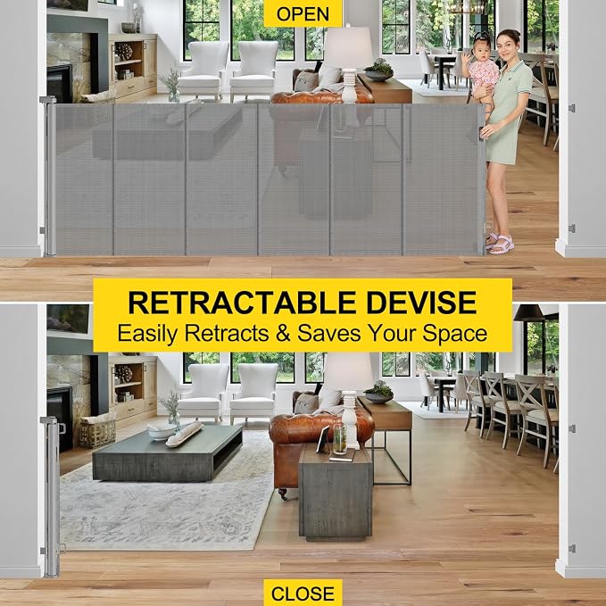 Reinforced 42” Tall x 100” Wide Retractable Baby Gates Extra Tall Dog Gate with Rods to Prevent Crawling Through, Pet Gate for Large Openings Extra Wide Mesh Baby Gate for Stairs, Gray
