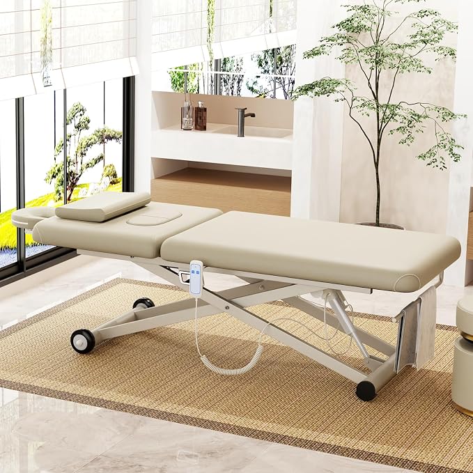 pouseayar Heavy Duty Electric Massage Table, Electric Lift Motor and Manual Backrest Adjustable for Treatment/Medical Spa/Facial Bed/Beauty Bed and More - 31.2 Wide x 75 Long - Beige Gray