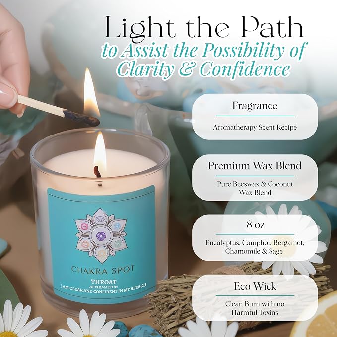 Spiritual Candle Relaxing - Vishuddha Throat Chakra for Communication Self Expression, Calming Aromatherapy with Eucalyptus, Camphor, Chamomile, Sage Oil, Beeswax & Coconut Wax - 8oz