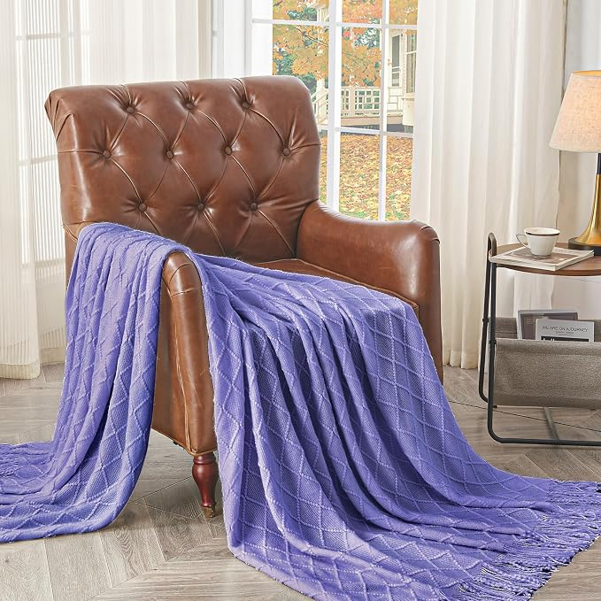 inhand Cornflower Blue Knitted Throw Blanket for Couch and Bed, 50"x60" | Gifts for Mom from Daughter Son, Soft Lightweight with Tassels, Farmhouse Warm Decorative Blanket for Women, Cozy Knit