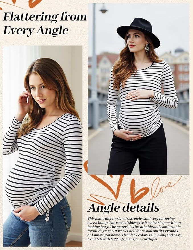 Fotociti Maternity Shirts Long Sleeve, Pregnancy Side Ruched Tops,Women’s Clothes for Mama Work Casual Yoga Wearing