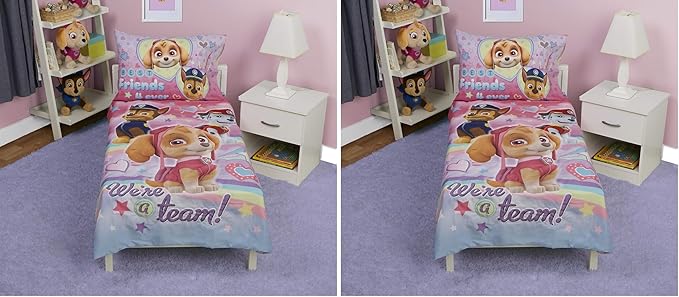 Paw Patrol Skye We're A Team 4 Piece Toddler Bedding Set - Includes Comforter, Sheet Set - Fitted + Top Sheet + Reversible Pillow Case for Girls Bed, Pink (Pack of 2)