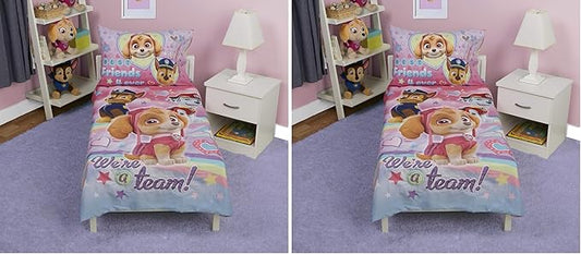 Paw Patrol Skye We're A Team 4 Piece Toddler Bedding Set - Includes Comforter, Sheet Set - Fitted + Top Sheet + Reversible Pillow Case for Girls Bed, Pink (Pack of 2)