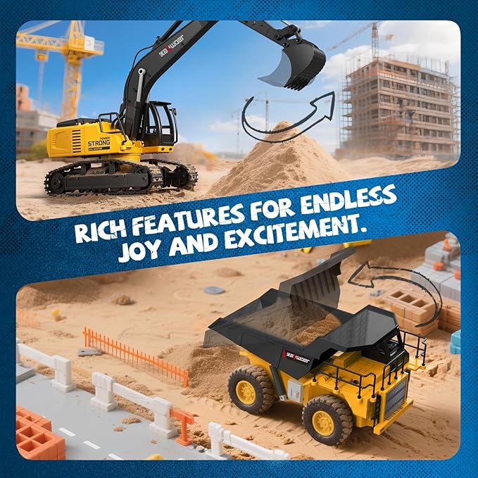 Ruko 1562 RC Excavator and Dump Truck Toy Set, 2.4GHz 9CH Remote Control Construction Vehicles with Lights & Sounds, Metal Bucket, 680° Rotation, Realistic 1:24 Scale Trucks for Kids