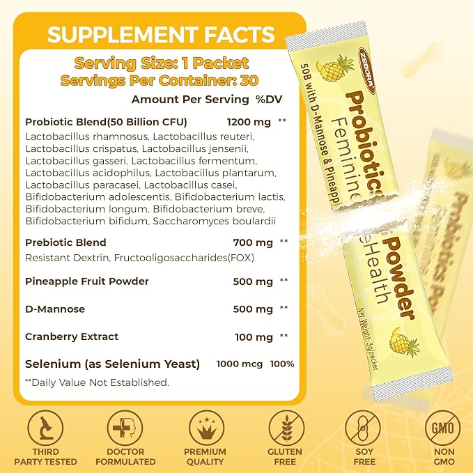 ZEBORA Probiotics for Women, Vaginal Probiotic Powder with 50 Billion CFU 16 Strain, Prebiotics, D-Mannose & Cranberry for Urinary Health, Digestive & Immune Support, Pineapple Flavor, 30 Packets