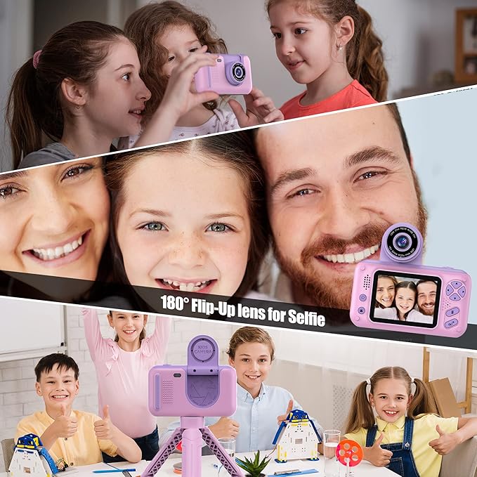 Kids Camera with Flip-up Lens for Selfie & Video, HD Digital Camera with 32GB SD Card, Ideal for 3-8 Years Old Girls Boys on Birthday Christmas Party as Gift