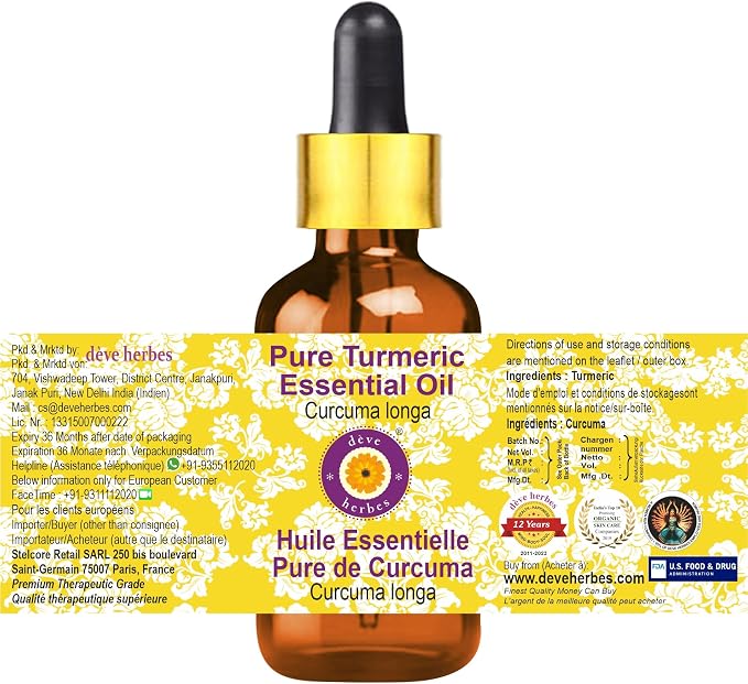 Deve Herbes Pure Turmeric Essential Oil (Curcuma Longa) with Glass Dropper Steam Distilled 100ml (3.38 oz)