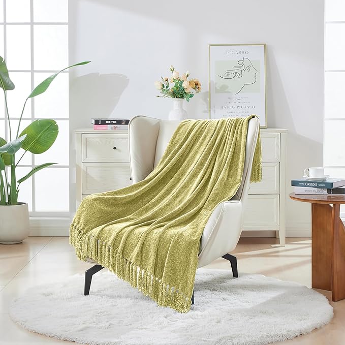 CozeCube Chenille Throw Blanket, Sage Green Fringe Blanket, 50"X60" | For Couch, Cozy Plush Fuzzy Decorative Blanket with Fringe Tassels, Lightweight Throws for Bed Sofa Gift Home Decor