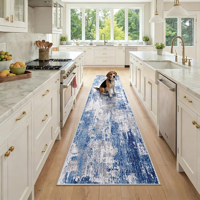 RELEANY Washable Runner 2'x9' Abstract Area Rug for Hallway Blue Gray | carpet for kitchen, entryway, bathroom, living room, bedroom, printed pattern, non-slip, soft, stain-resistant, easy to clean