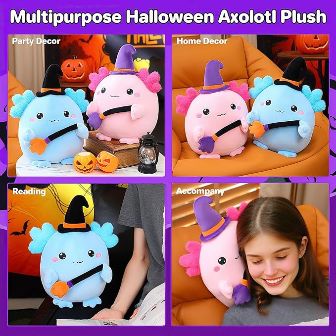 Halloween Axolotl Stuffed Animals, Axolotl Witch with Broom Stuffed Plush Halloween Party Gifts for Kids, Girls and Boys（Blue）