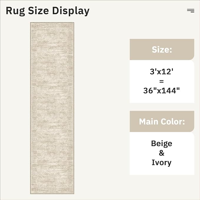 Soalmost Washable 3x12 Hallway Runner Rug Non-Slip Kitchen Entry Rugs Beige | Vintage Long Runners 12ft for Bathroom Entryway, Foldable Low-Pile Wide Floor Carpet Mat for Corridor Laundry Room Bedroom