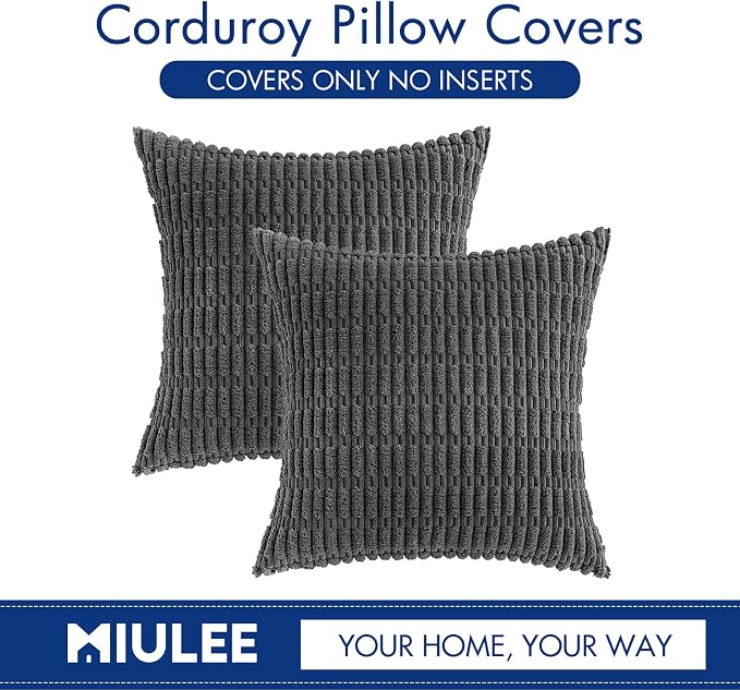 MIULEE Pack of 2 Corduroy Decorative Throw Pillow Covers 24x24 Inch Soft Boho Striped Pillow Covers Modern Farmhouse Home Decor for Sofa Living Room Couch Bed Dark Grey | Pack of 2 Soft Boho Striped Pillow Covers Modern Farmhouse Home Decor For Sofa Li...