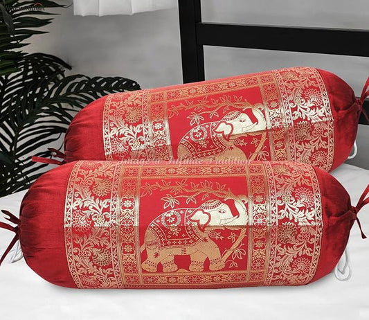 Ethnic Living Room Decorative Bolster Tube Pillow Covers Cylindrical Maroon Yoga Couch Round Cushion Cover Jacquard Weave Poly Dupion Silk Elephant Throw Pillow Case 30x15 inch (76x38cm) - 2 Pc.
