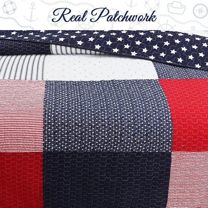 Cozy Line Home Fashions 100% Cotton Sailor Navy Blue Star Striped Print Cotton Reversible Bedding Quilt Set (Patriotic Patchwork, Twin)