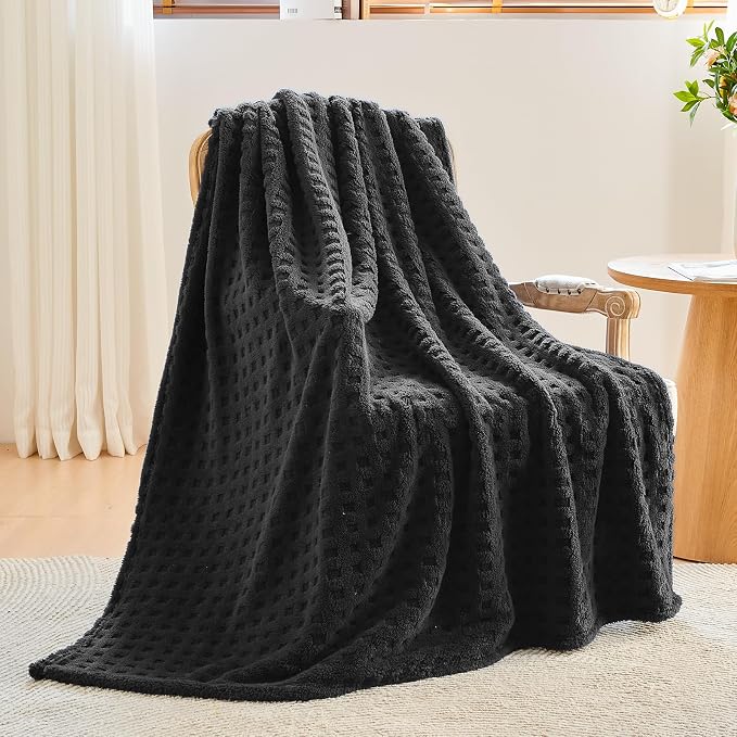 NEWCOSPLAY 3D Waffle Checkered Flannel Queen Blanket, Black, 90"x90" | Super Soft Cute Lightweight Decorative Premium Silky Fleece Blanket for Couch Sofa Bed, Gift for Women Men, All Season Use