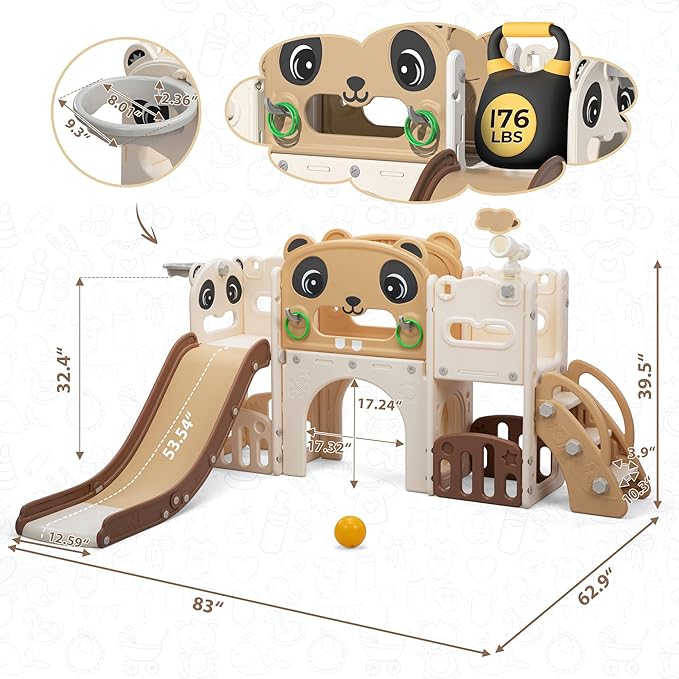 NYEEKOY 9-in-1 Toddler Slide and Climber Set Indoor Outdoor Slide Playset for Kids Age 1-8, Freestanding Backyard Playground with RNG Toss, Basketball Hoop,Telescope, Storage Space