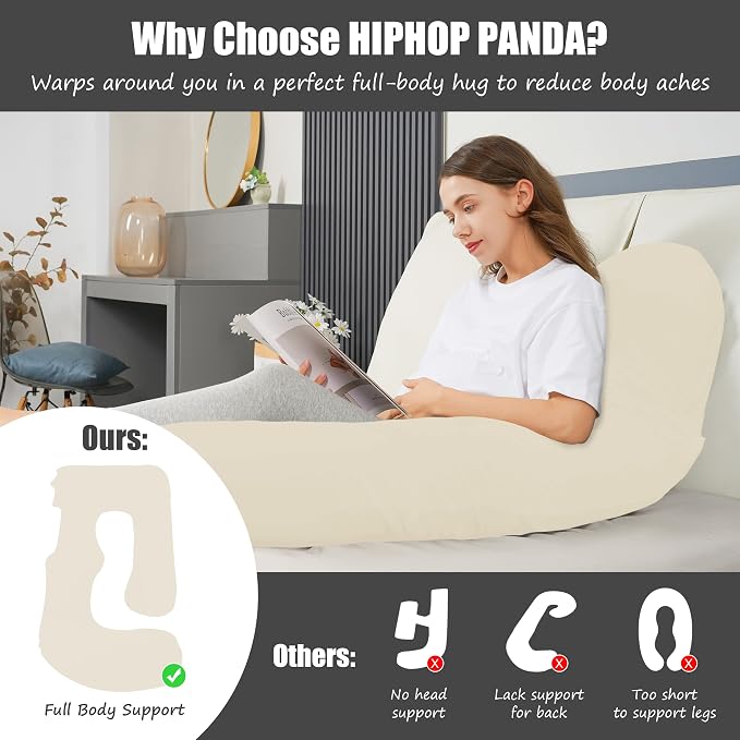 HIPHOP PANDA U-Shaped Pregnancy Pillow for Sleeping - Full Body Maternity Support Pillow with Removable Cover - Comfort for Back, Hips, Legs, Belly - 57 Inch for Pregnant Women, Ivory