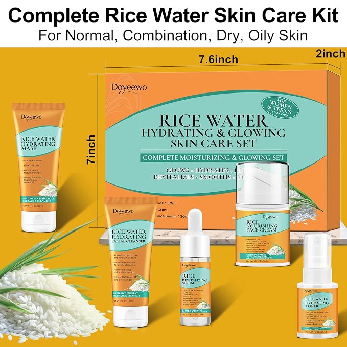 Skin Care Set w/Korean Rice Extract for Hydration,Glow,Repair &Radiant Skin | 5Pcs Women Teen Glass Skincare Routine Kit Self Care Gifts for Women Mom Wife Teenage Girl Valentines Christmas Gifts
