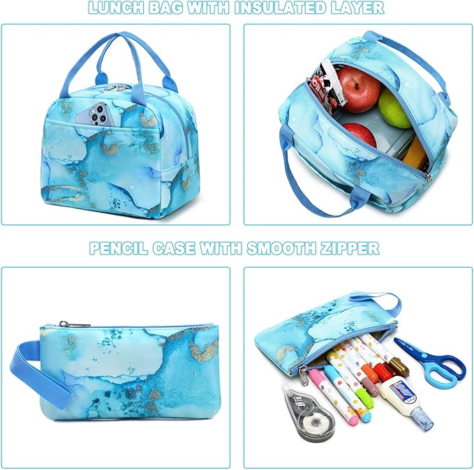 Bluboon Teen Girls School Backpack Kids Bookbag Set with Lunch Box Pencil Case Travel Laptop Backpack Casual Daypacks (Marble Gold blue)