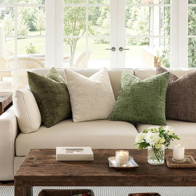 MIULEE Chenille Textured Throw Pillow Covers Sage Green 18x18 Set of 2 | Slubby Decorative Pillows, Boho Farmhouse Home Decor, Modern Neutral Cushion Covers for Couch Sofa Bed Living Room