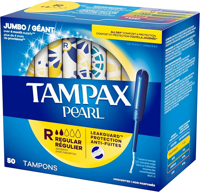Tampax Pearl Tampons Regular Absorbency,with Leakguard Braid,Unscented, 4 Boxes - 50 Each (Packaging May Vary),(Pack of 200)