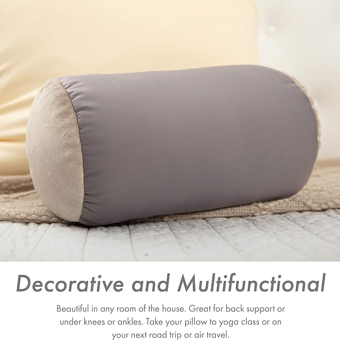 Microbead Bolster Neck Roll Pillow, Gently On Body, Head, Neck & Shoulders No Pain Rest, Relax Sleep - Silky Feel Prevent Wrinkles & Hair Breakage - Lightweight Cylinder Tube, 14" x 8", Stone Grey