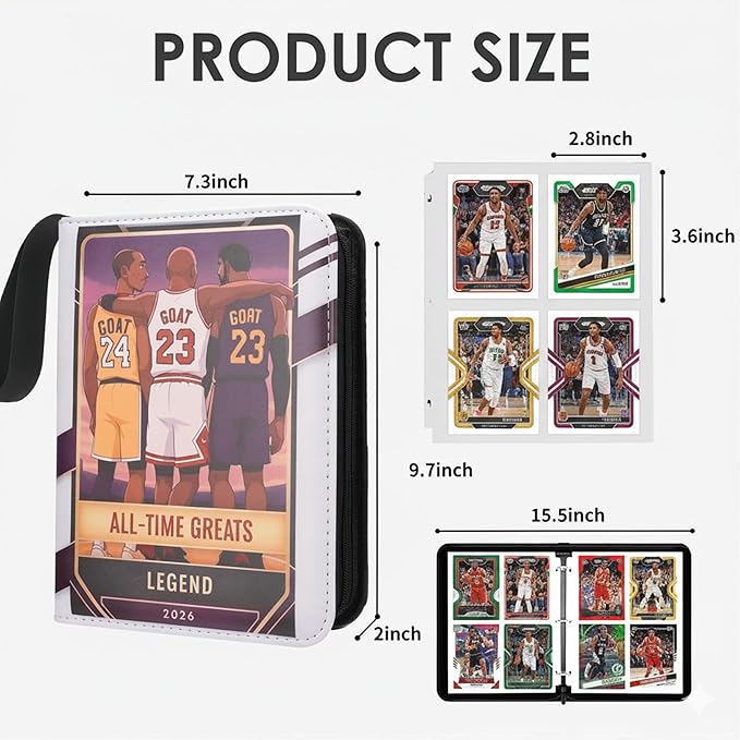HBK Basketball Card Binder 400 Pockets, PU Leather with 50 Sleeves, 4 Pocket Trading Card Binder for Basketball Cards, Sports Card Collector Album with Zipper for Boys Girls
