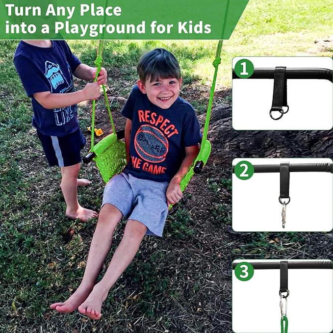 Hi-Na Tree Swing for Kids, Adjustable Toddler Rope Swing Seat with Snap Hooks and Straps, 440 lbs Capacity, Swingset Accessories for Indoor Porch Doorway Outdoor Playground Backyard (Green)