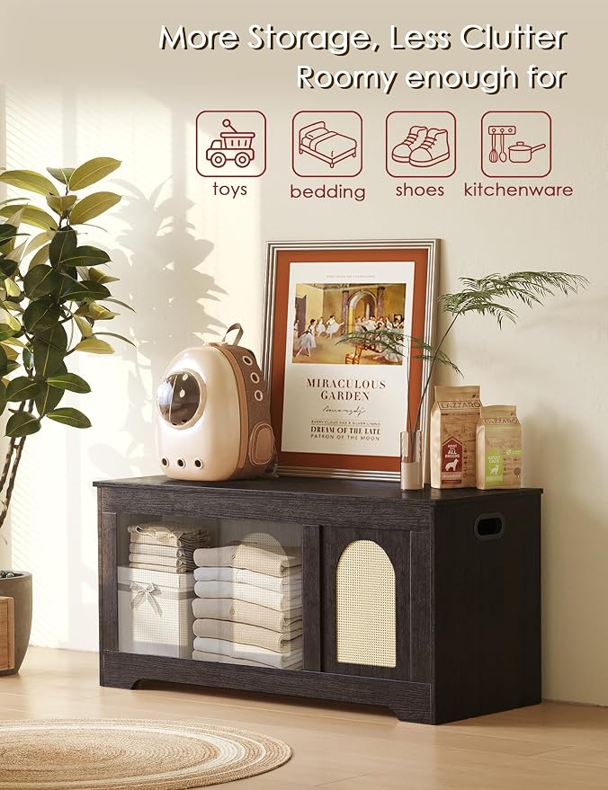 Storage Chest, Wooden Toy Box, Espresso Oak 39.4" L | Entryway Shoe Bench, 2 Safety Hinges, Finger-safe Flip-Top, Easy Assembly, Farmhouse Large Trunk, Rattan, Living Room/Bedroom