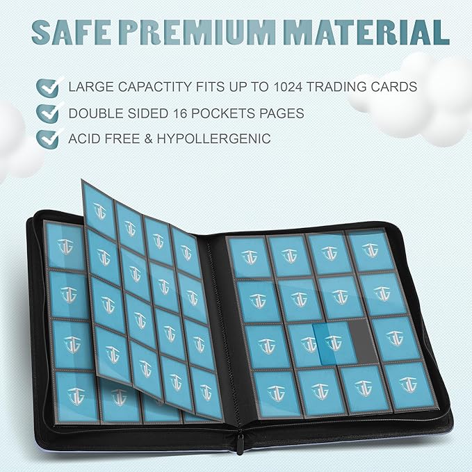 16 Pockets Trading Card Zipper Binder for 1000+ Cards| Secure Side Loading Pockets | Trading Card Album Folder | Compatible with YuGiOh, MTG,Sports Cards (Dark Green 16)