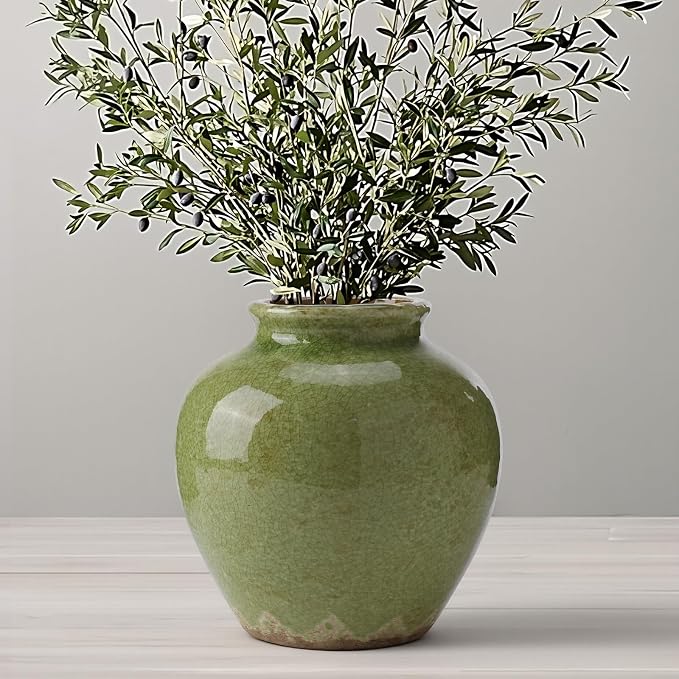 Ceramic Flower Vase Home Decor, 6.2 inch Farmhouse Rustic Vintage Decorative Vases, Pottery Terracotta Boho Flowers Vases for Dining Table, Living Room, Shelf, Kitchen, Bedroom (6.2"-Green)