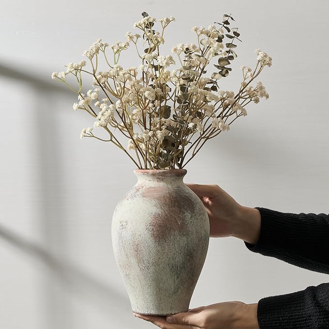 SIDUCAL Ceramic Vintage Flower Vase | 9 Inch Large Pottery Rustic Farmhouse Boho Vase for Home Decor, Table, Living Room, Bathroom, Coffee Desk, Shelf, Mantel Decoration, Wedding, Terra