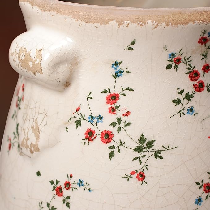 Shabby Chic Vase & Flower Pot with Drainage, 6.68" Ceramic Vases Pottery | Indoor/Outdoor Planter, Country Chic Decor, Perfect for Office Room Garden Balcony Mantel Fireplace Table & Shelf, Red Floral