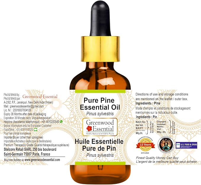 Greenwood Essential Pure Pine Essential Oil (Pinus sylvestris) with Glass Dropper Steam Distilled 100ml (3.38 oz)