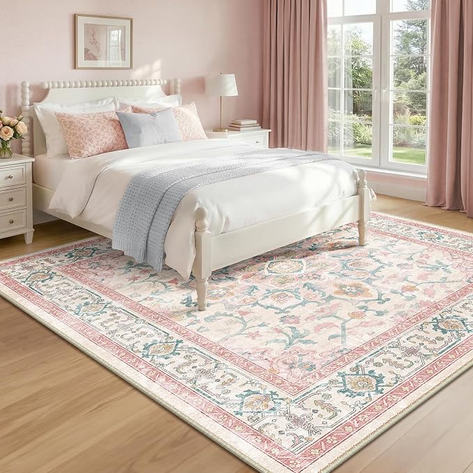 CAPALOCA Square 8ft Washable Nursery Girls Low Pile Area Rug Pink Teal | Non-Slip Soft Rugs for Bedroom Kids Playroom Living Room, Print Pattern Water Repellent Carpet Indoor Decor