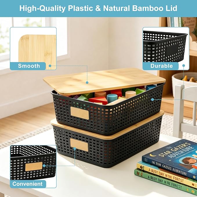 4 Pack Plastic Storage Bins with Bamboo Lids, 6.2qt Stackable Storage Organizer Box with Lable for Pantry Shelves Drawers Desktop Office, 12"L x 8.3"W x 3.5"H, Black
