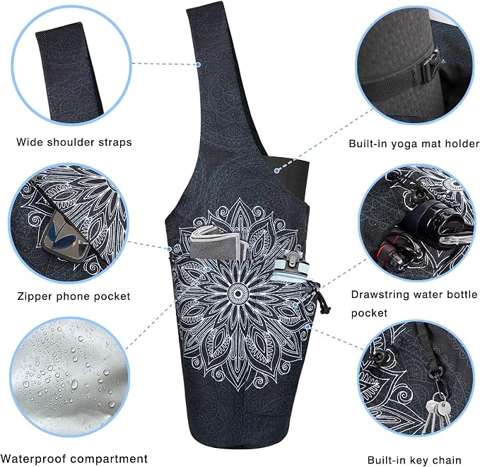 Yoga Mat Bag - Large Opening Long Tote Yoga Mat Carrier Holder Bag with Waterproof Wet Zipper Pocket and Drawstring Water Bottle Pocket - Yoga Bag Fit Most Size Mats