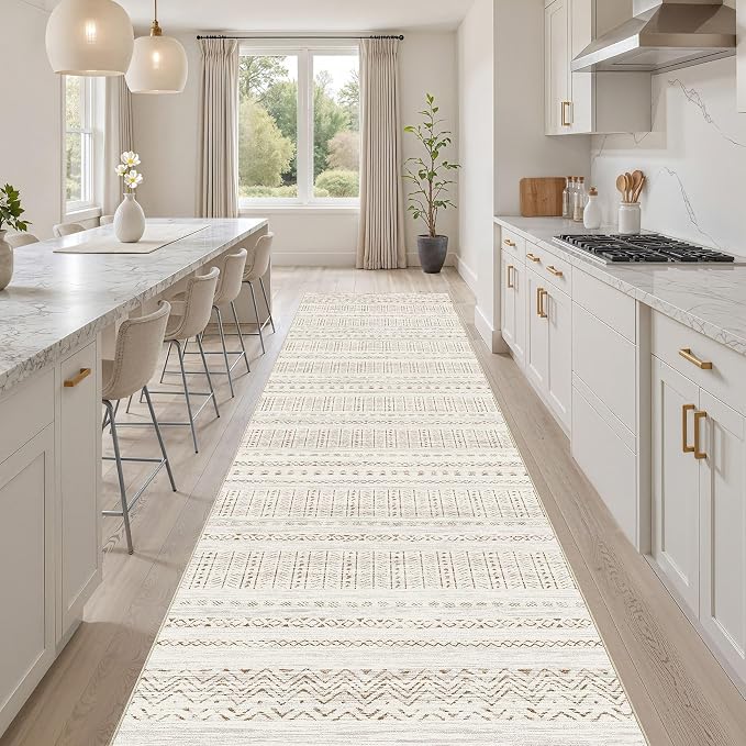 cotiled Hallway 2.6x10 Runner Rugs: Washable Boho Rugs with Non Slip Backing Large Soft Indoor Stain Resistant Carpet for Living Room Bedroom Farmhouse Dining Room Lightweight Home Decor Brown/Cream