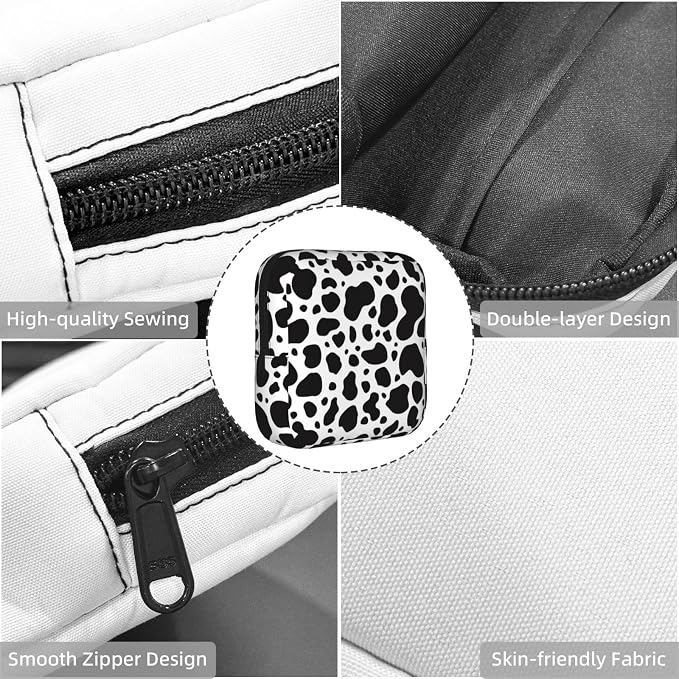 Black And White Cow Print Period Bag For Women,Portable Sanitary Napkin Period Pad Pouch For Purse, Small Make Up Bags