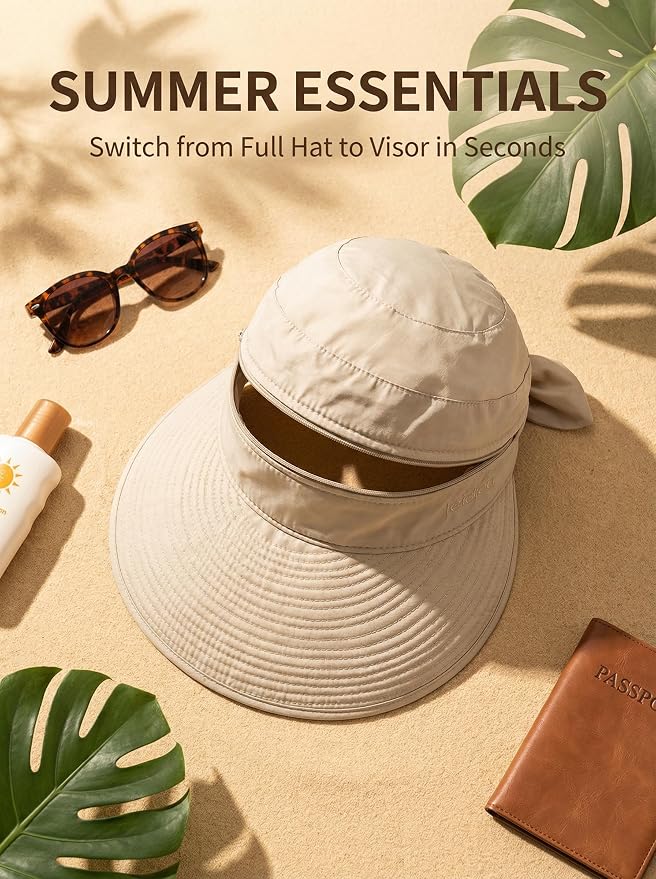 2-in-1 Women’s Sun Visor Sun Hat Zipper Off Ponytail Friendly, Lightweight Quick Dry, Summer UV Protection