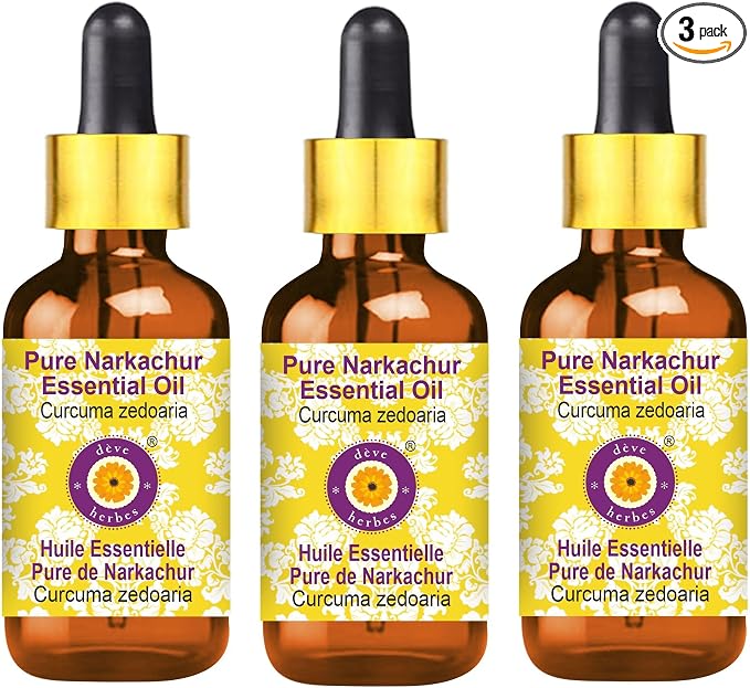 Deve Herbes Pure NAR Kachur Essential Oil (Curcuma zedoaria) with Glass Dropper Steam Distilled (Pack of Three) 100ml X 3 (10 oz)