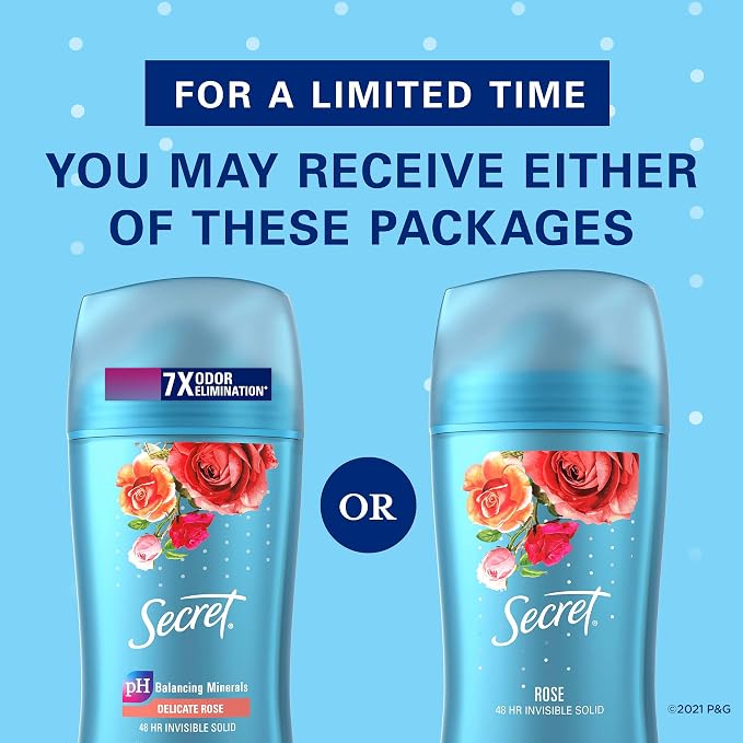Secret Invisible Solid Antiperspirant and Deodorant, Rose Scent, 2.6 oz (Pack of 2)