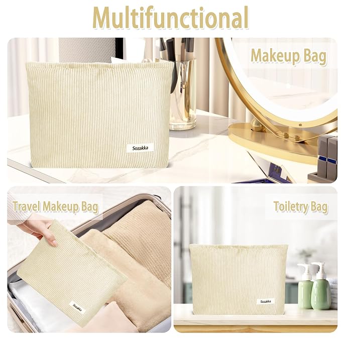 ZLFSQR Corduroy Makeup Bag for Women Small Corduroy Cosmetic Bag Large Cute Travel Makeup Pouch for Purse White Cloth Cosmetic Pouch Zipper Storage Organizer Canvas Toiletry Bags